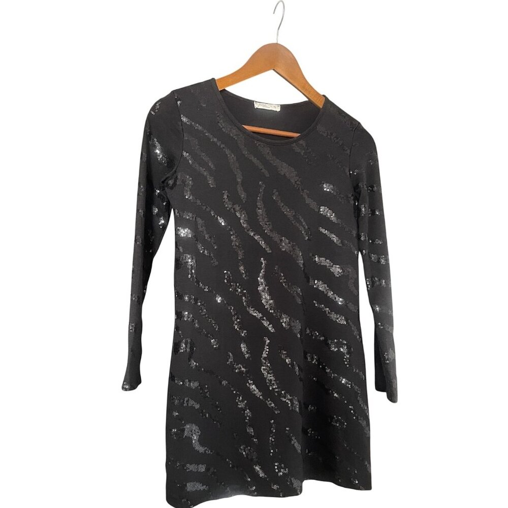 Pinc Premium Big Girl Youth Long Sleeve Crew Neck Sequin Glitter Black Dress XL